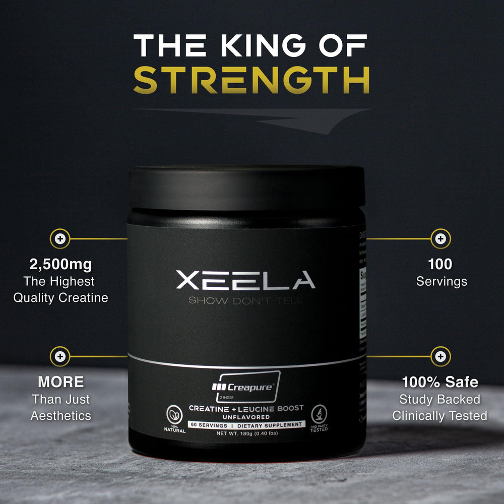 XEELA Creatine Creapure label close-up emphasizes purity for reliable performance.