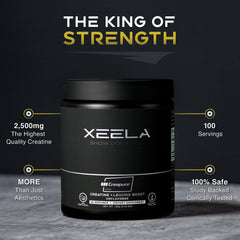 XEELA Creatine Creapure label close-up emphasizes purity for reliable performance.