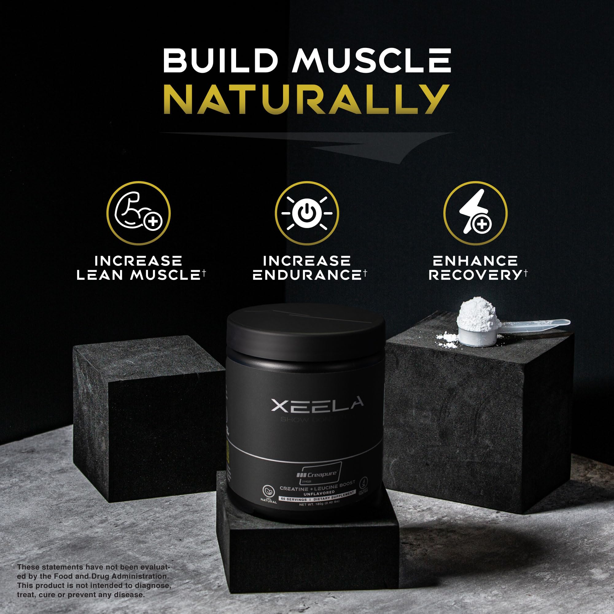 XEELA Creatine muscle-training scene suggests strength and recovery potential for workouts.