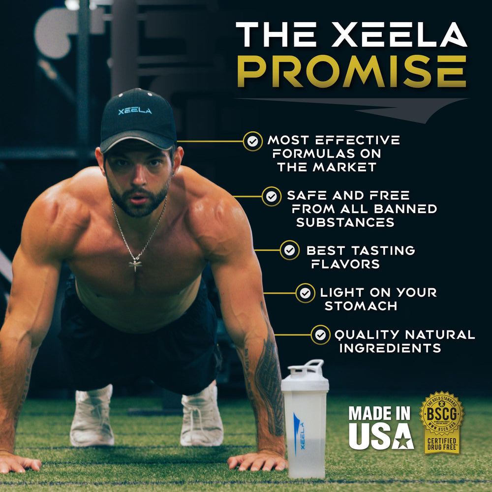 XEELA Creatine serving size display shows 60 servings for long-term use.