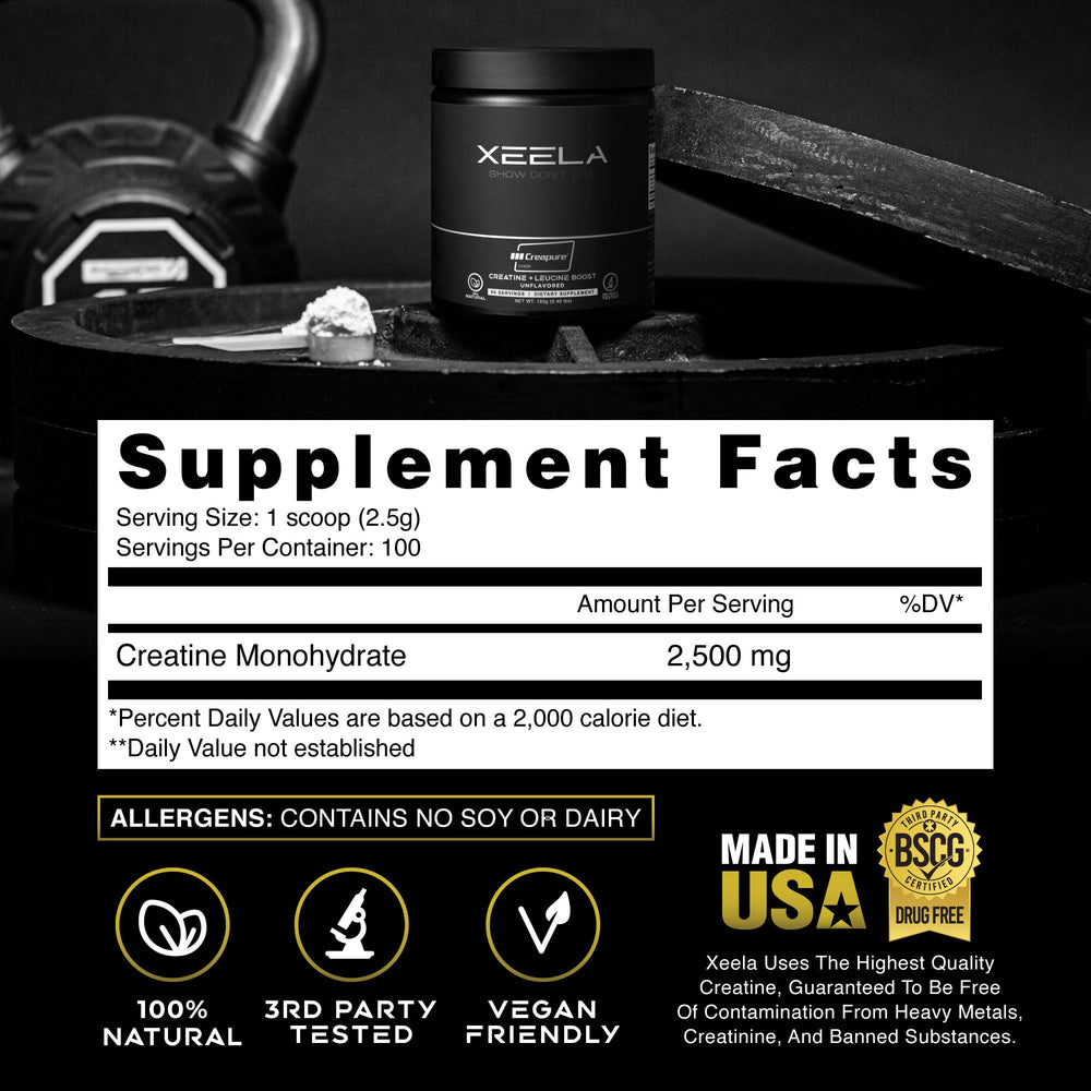 XEELA Creatine vegan-friendly packaging showcases plant-based ingredients and quality.
