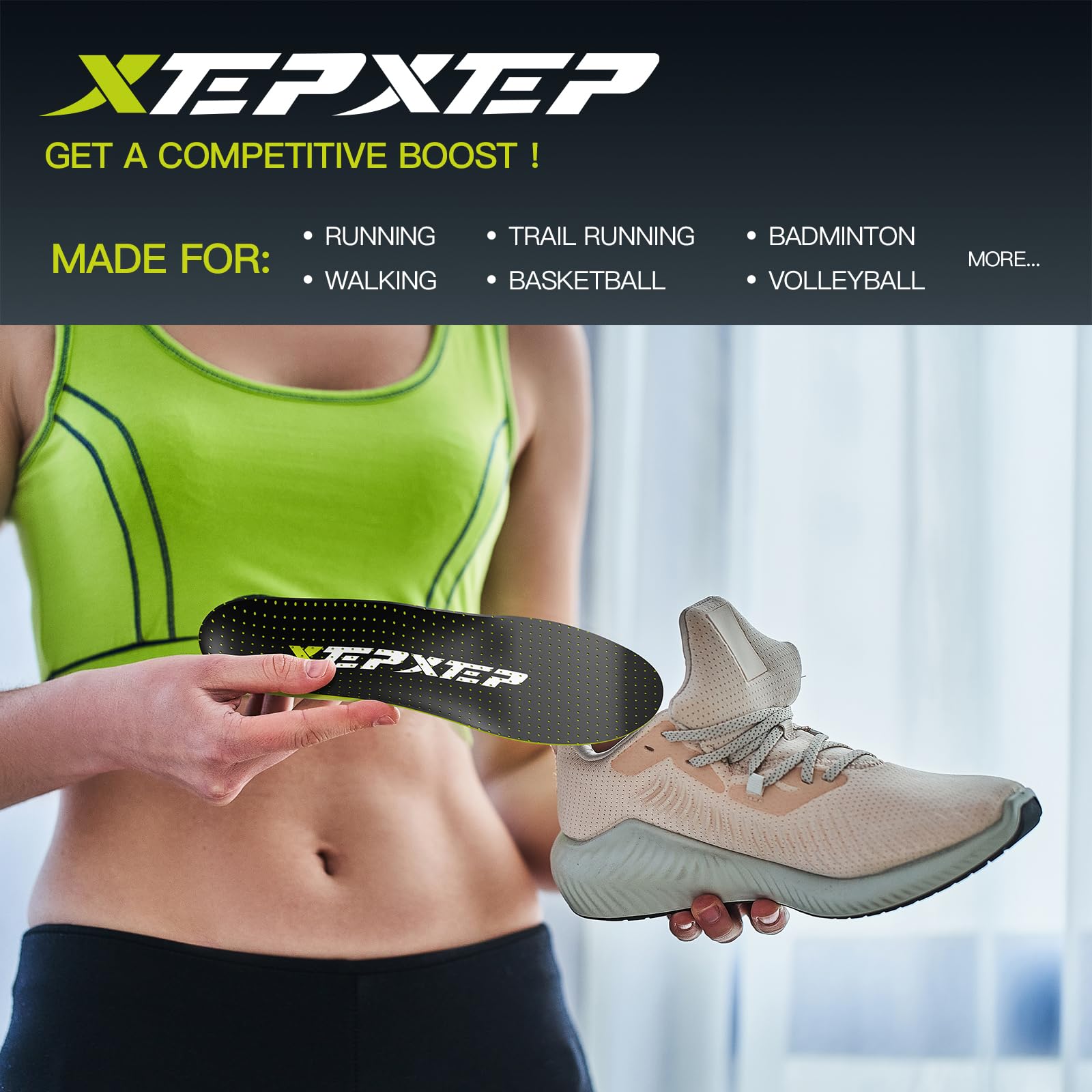 XEPXEP insole fits basketball and running shoes for versatility.