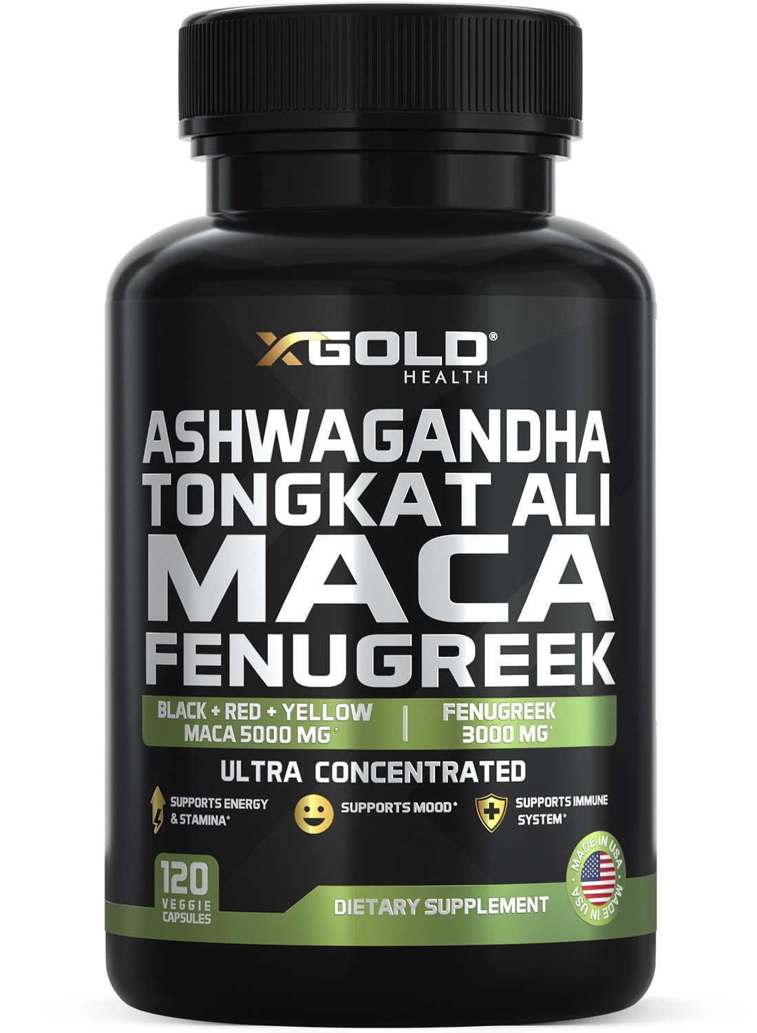 X Gold Health bottle front with Ashwagandha-Tongkat-Ali-Maca-Fenugreek blend for daily energy support