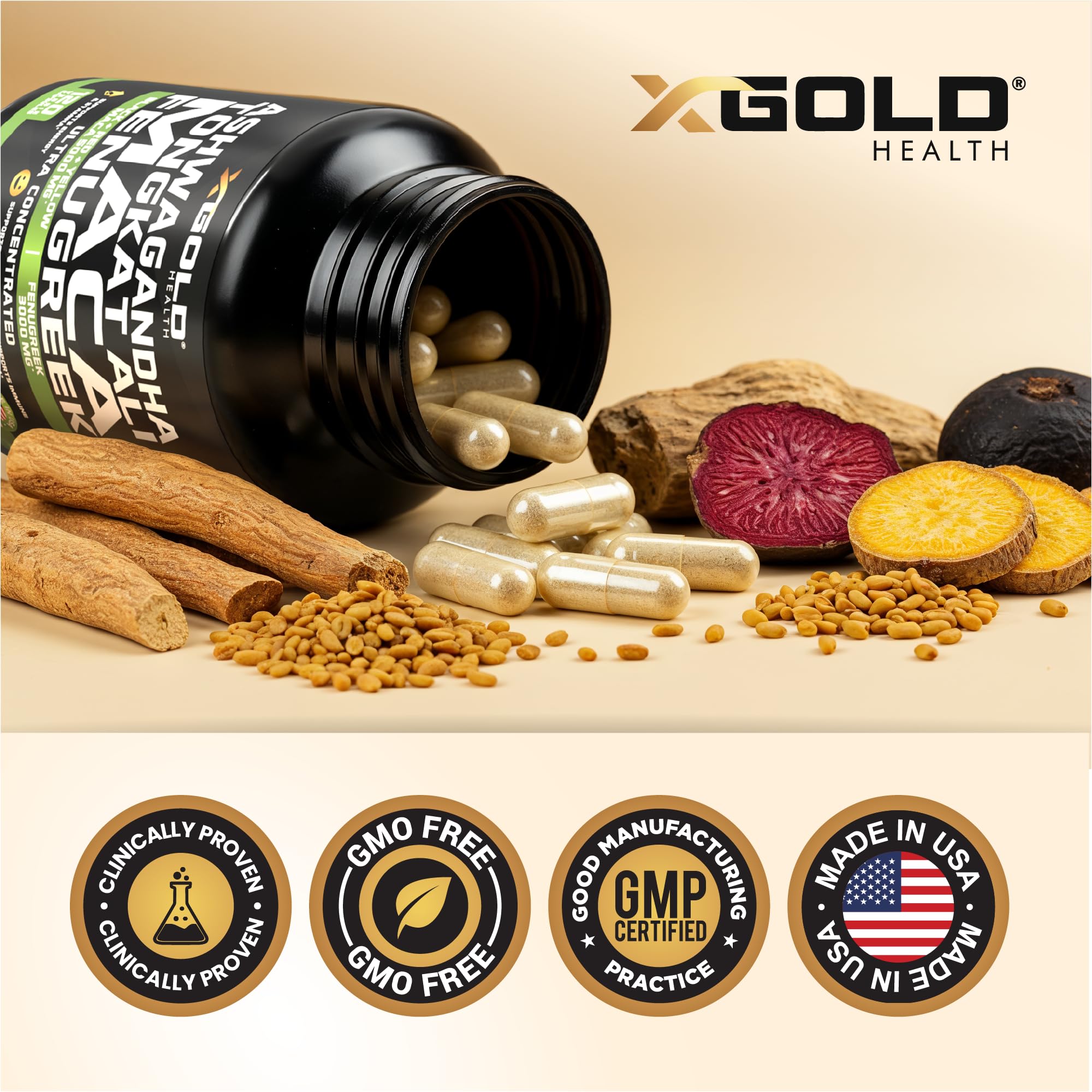 X Gold Health bottle on counter signaling USA-made quality and formulation