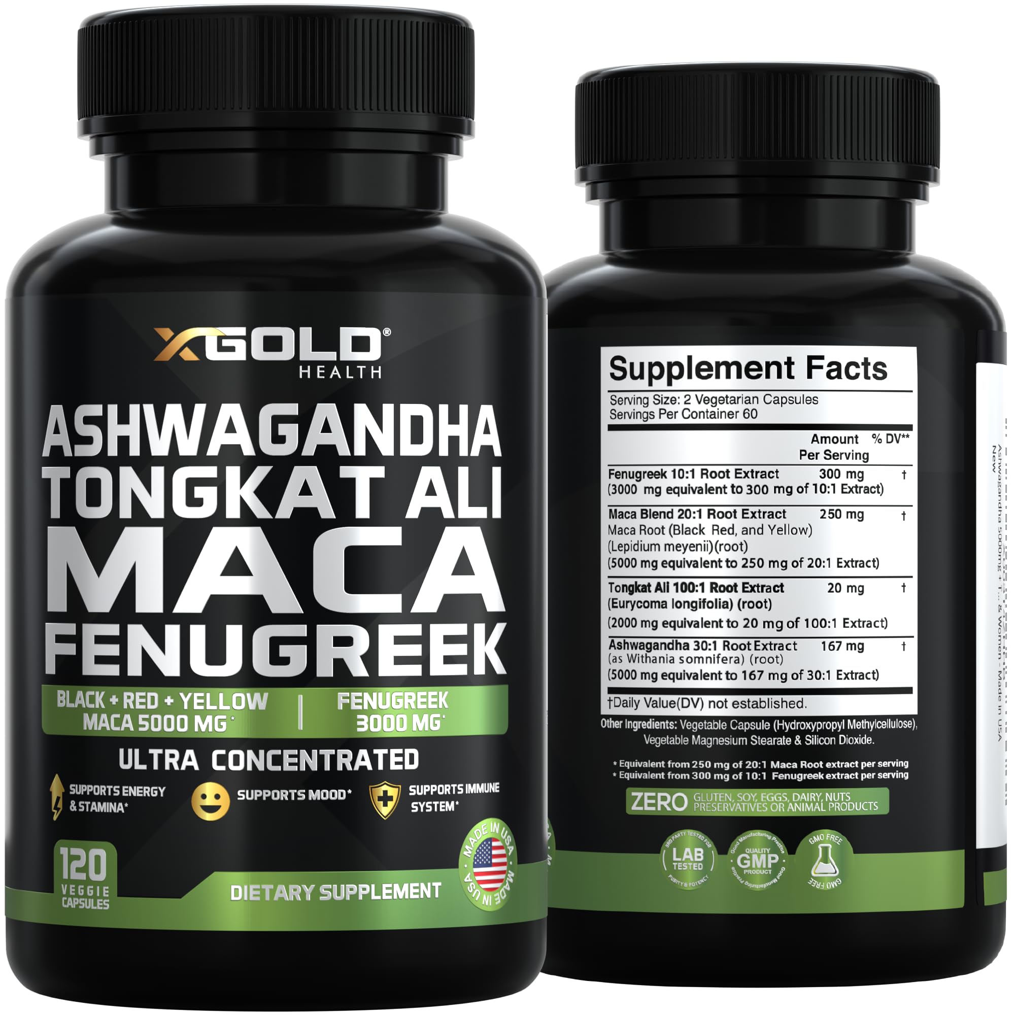 X Gold Health maca extract trio close-up highlighting black, red, and yellow varieties