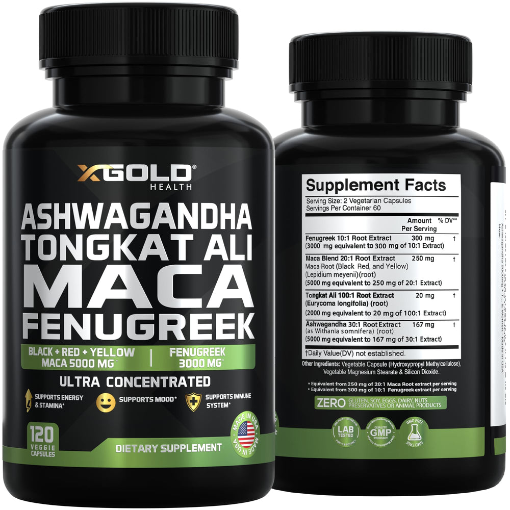 X Gold Health maca extract trio close-up highlighting black, red, and yellow varieties