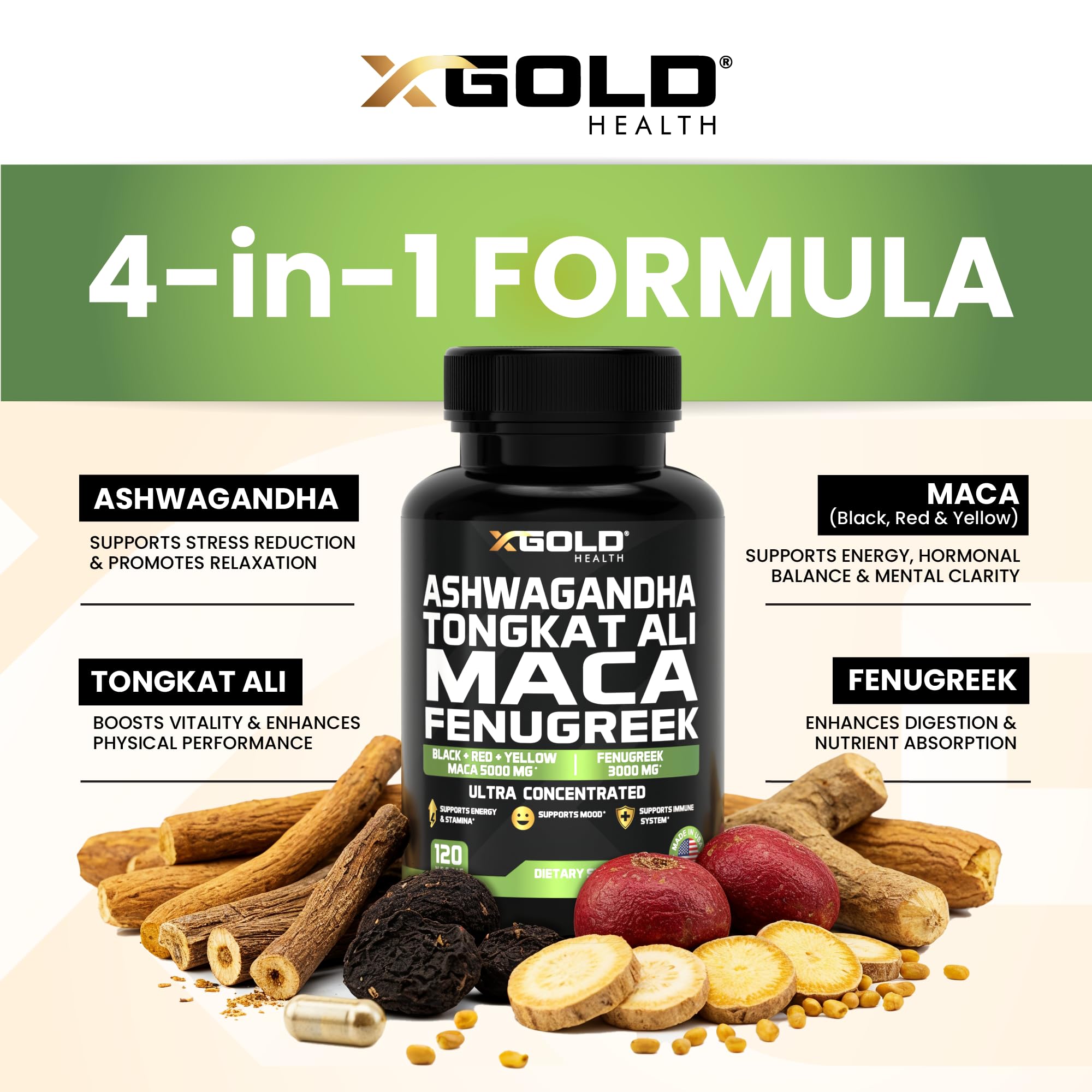X Gold Health powder blend with maca-fenugreek on spoon for easy mixing