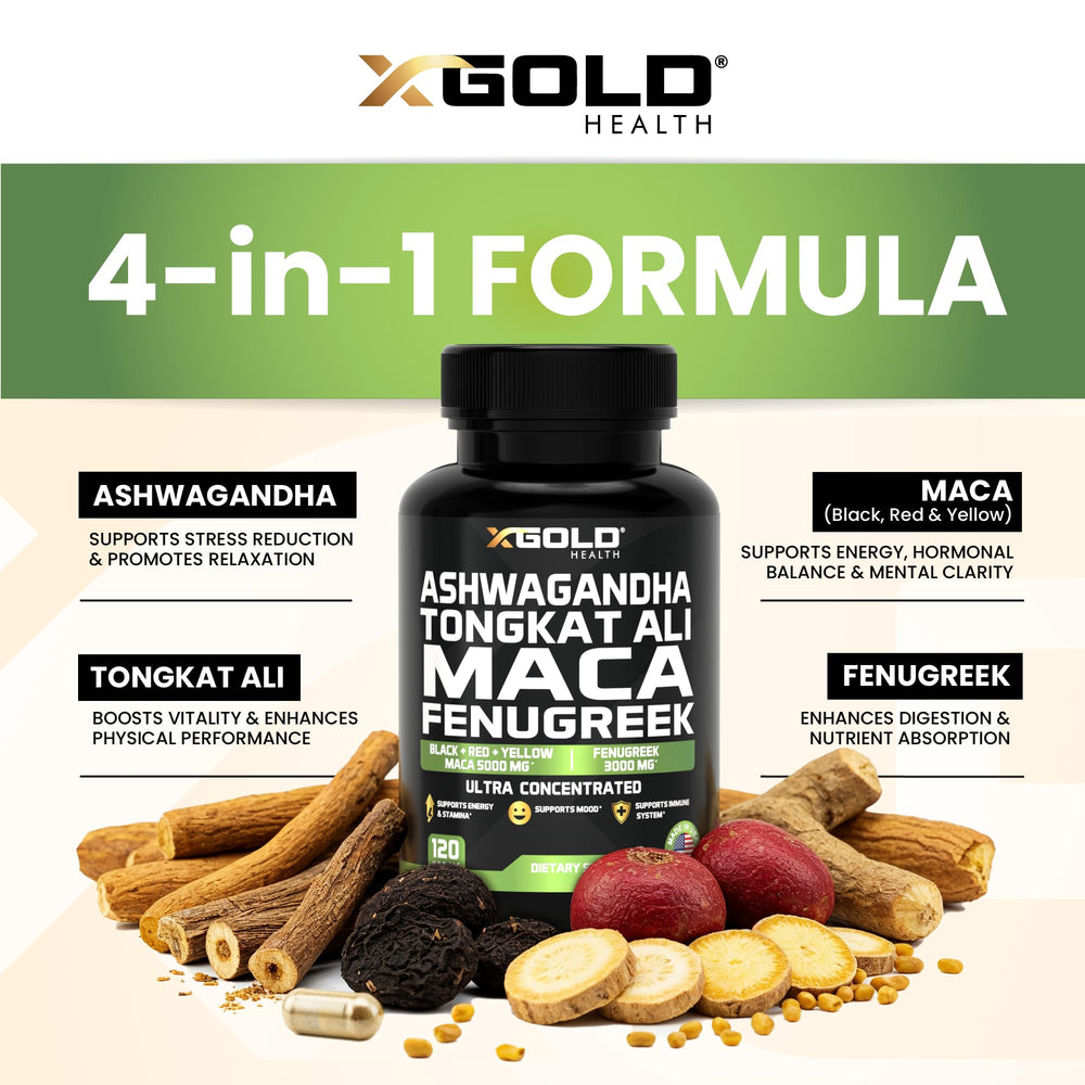 X Gold Health powder blend with maca-fenugreek on spoon for easy mixing