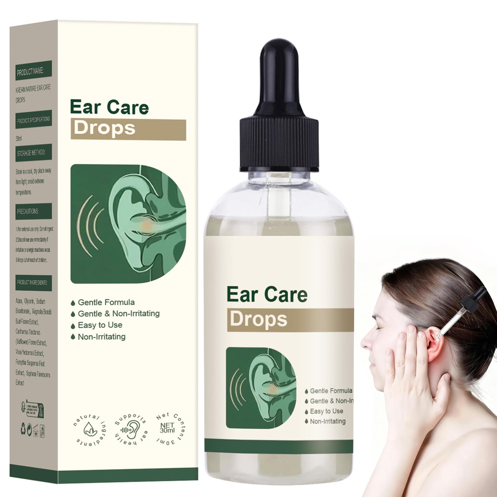 Krean Natur Ear Care Drops bottle front highlights a gentle, plant-based formula for all ages.