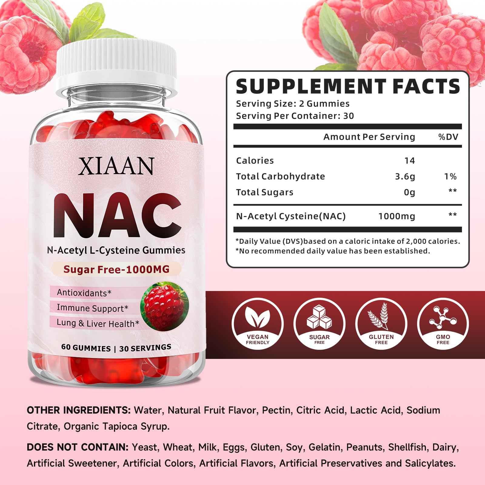 XIAAN NAC Gummies raspberry jar closeup shows tasty easy-to-chew daily intake