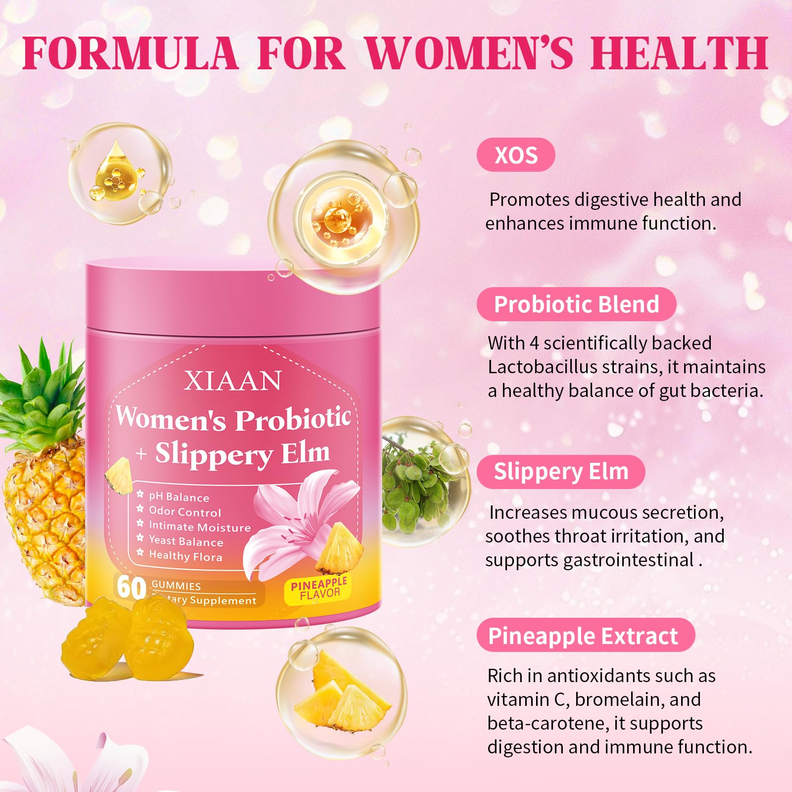 XIAAN Pineapple flavor gummies highlight sugar-free probiotic benefits for gut health.