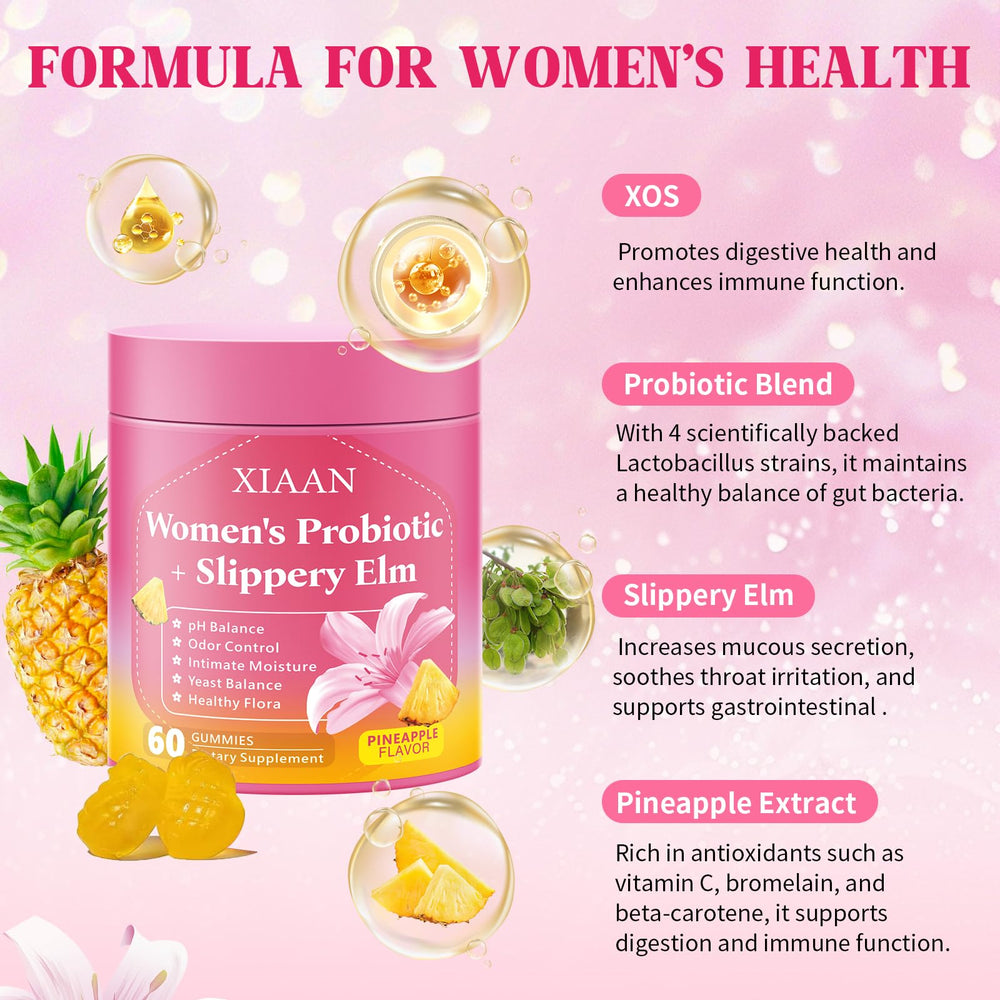 XIAAN Pineapple flavor gummies highlight sugar-free probiotic benefits for gut health.