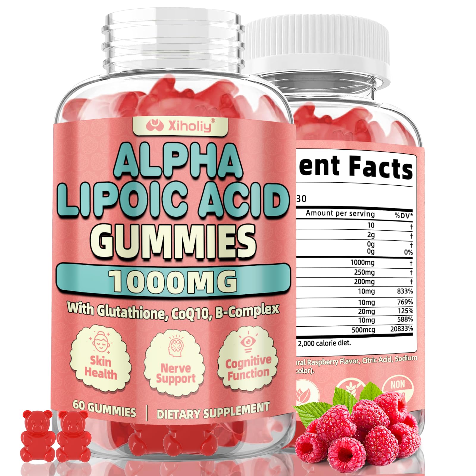 Gominolas XIHOLIY alfa lipóico frambuesa en botella, apoyo antioxidante diario