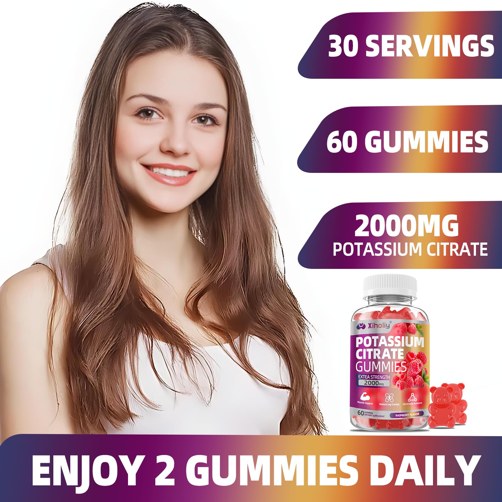 Dos gomitas en la mano, dosis diaria conveniente de XIHOLIY