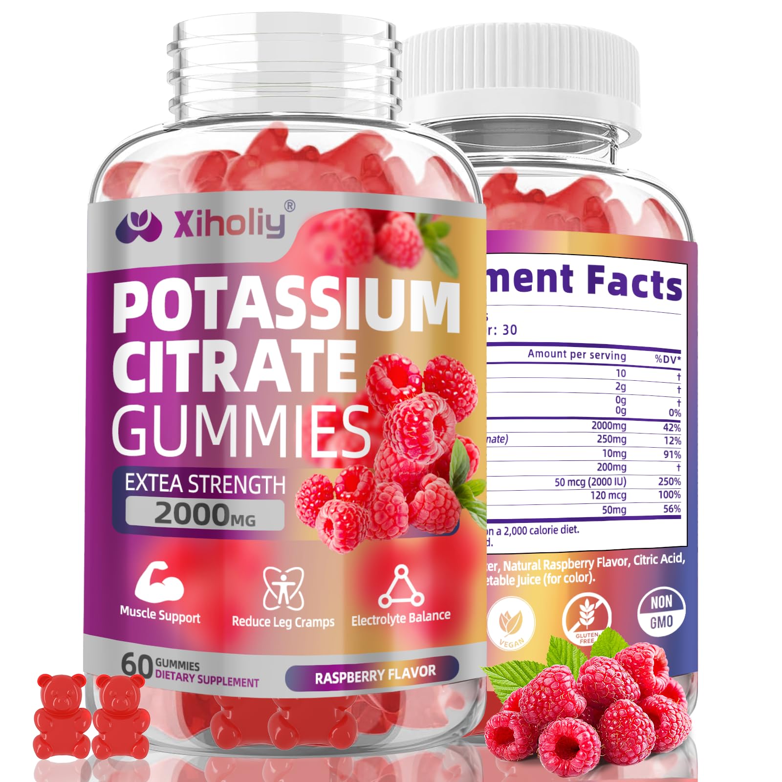 XIHOLIY gomitas citrato de potasio 2000 mg, envase frontal, soporte de energia diaria