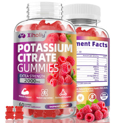 XIHOLIY gomitas citrato de potasio 2000 mg, envase frontal, soporte de energia diaria