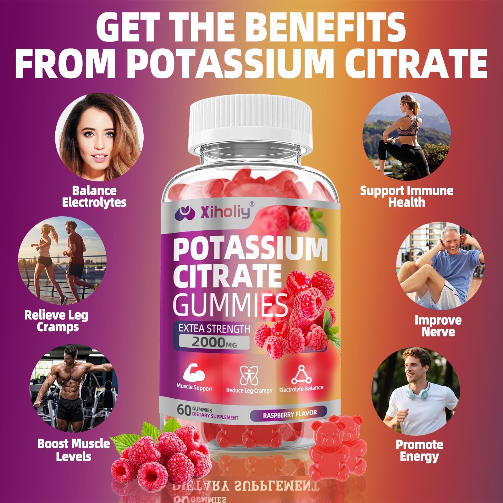 Gomitas XIHOLIY citrato de potasio 2000 mg, primer plano para tomar en cualquier momento