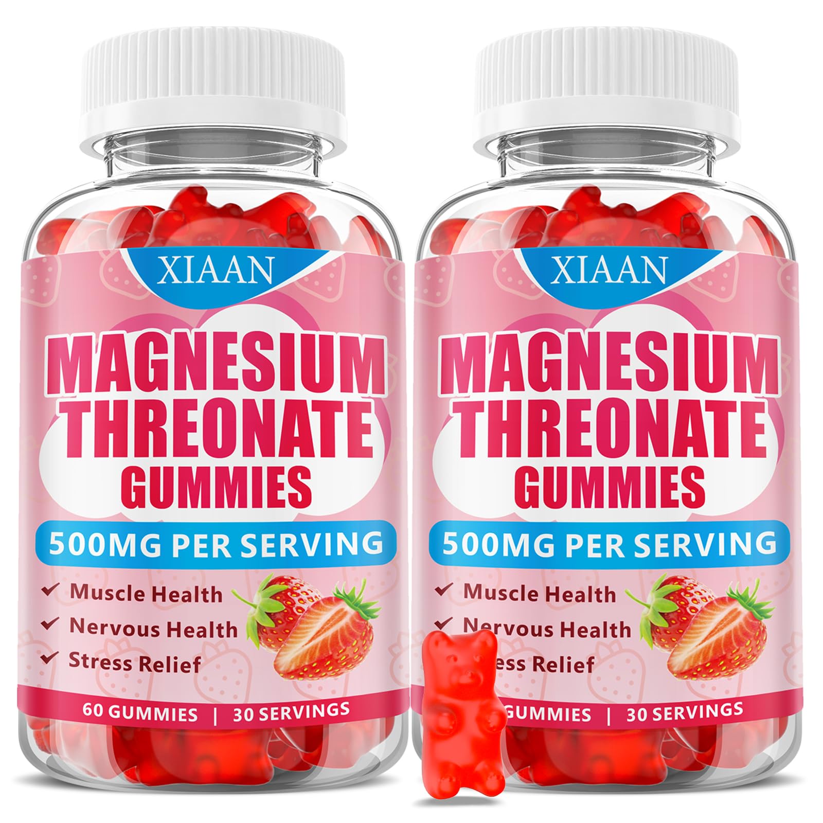 XIAAN Magnesium L-Threonate Gummies bottle front showing strawberry flavor for daily wellness.