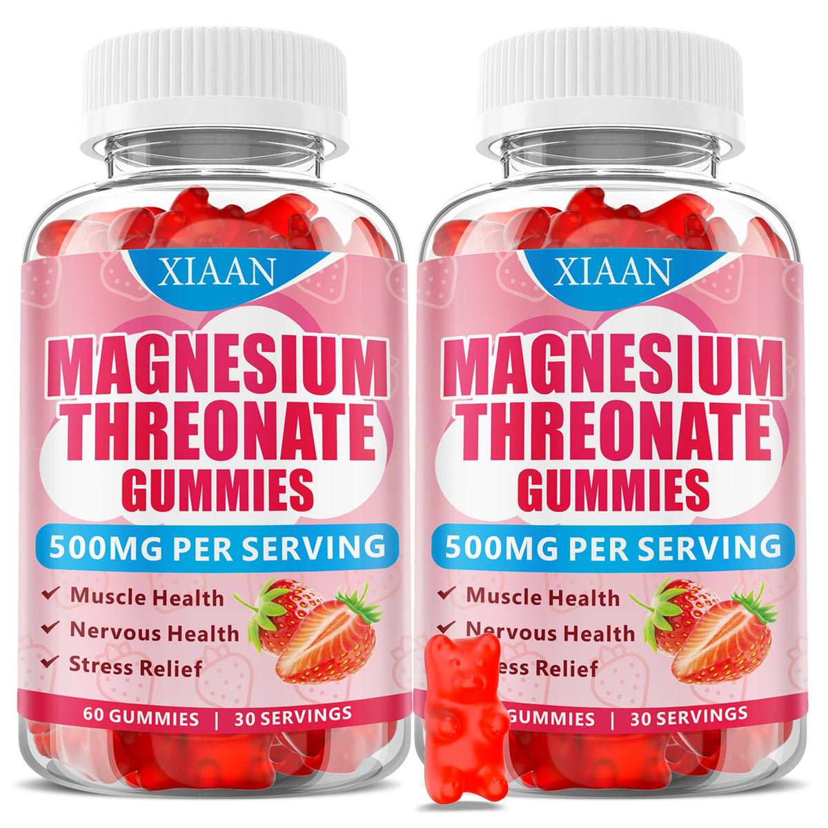 XIAAN Magnesium L-Threonate Gummies bottle front showing strawberry flavor for daily wellness.