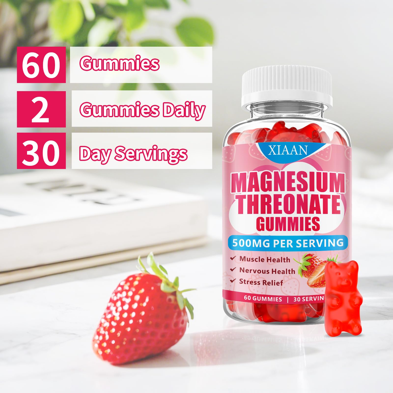 XIAAN Magnesium L-Threonate Gummies nutrition facts show non-GMO and sugar-free.