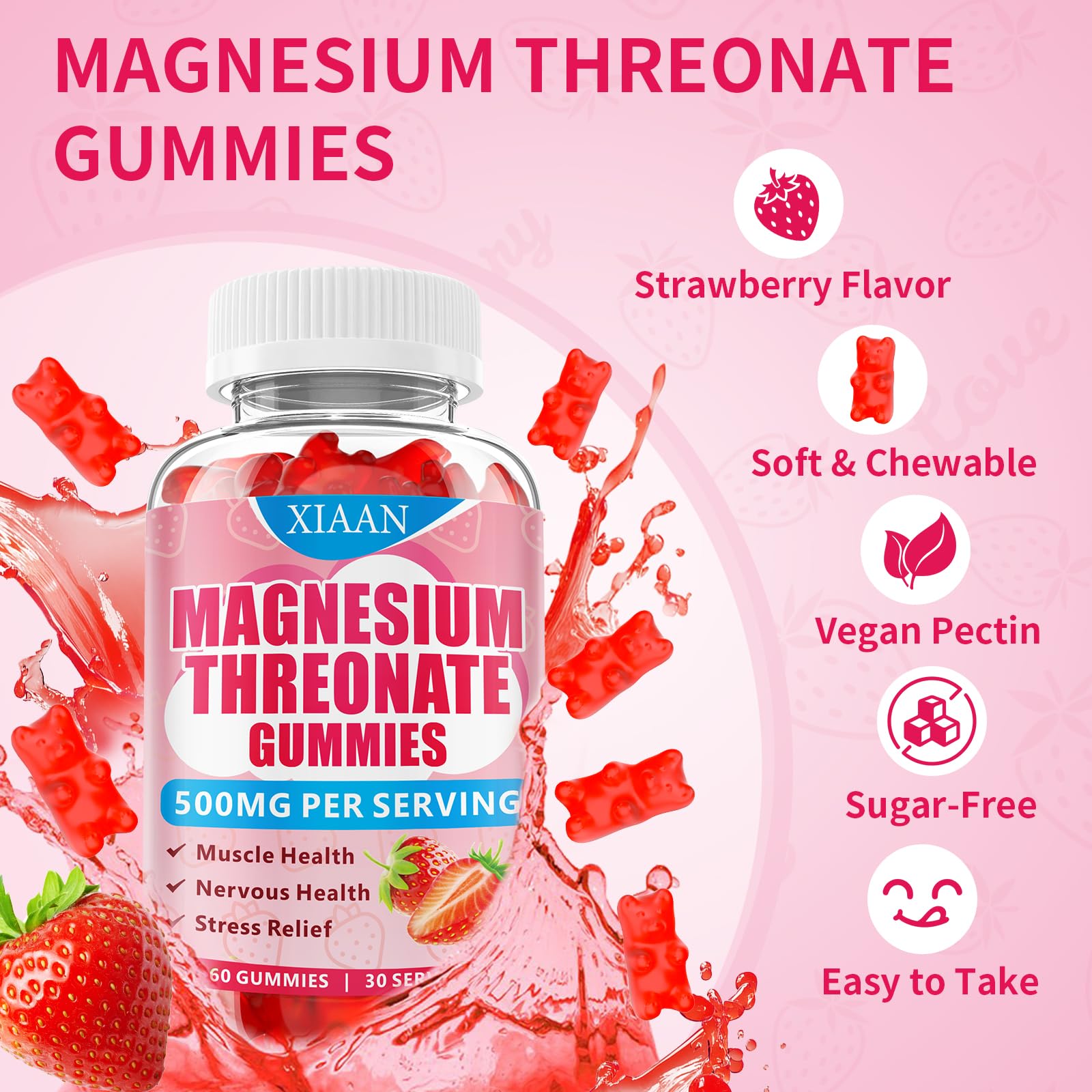 XIAAN Magnesium L-Threonate Gummies packaging box displays product claims.
