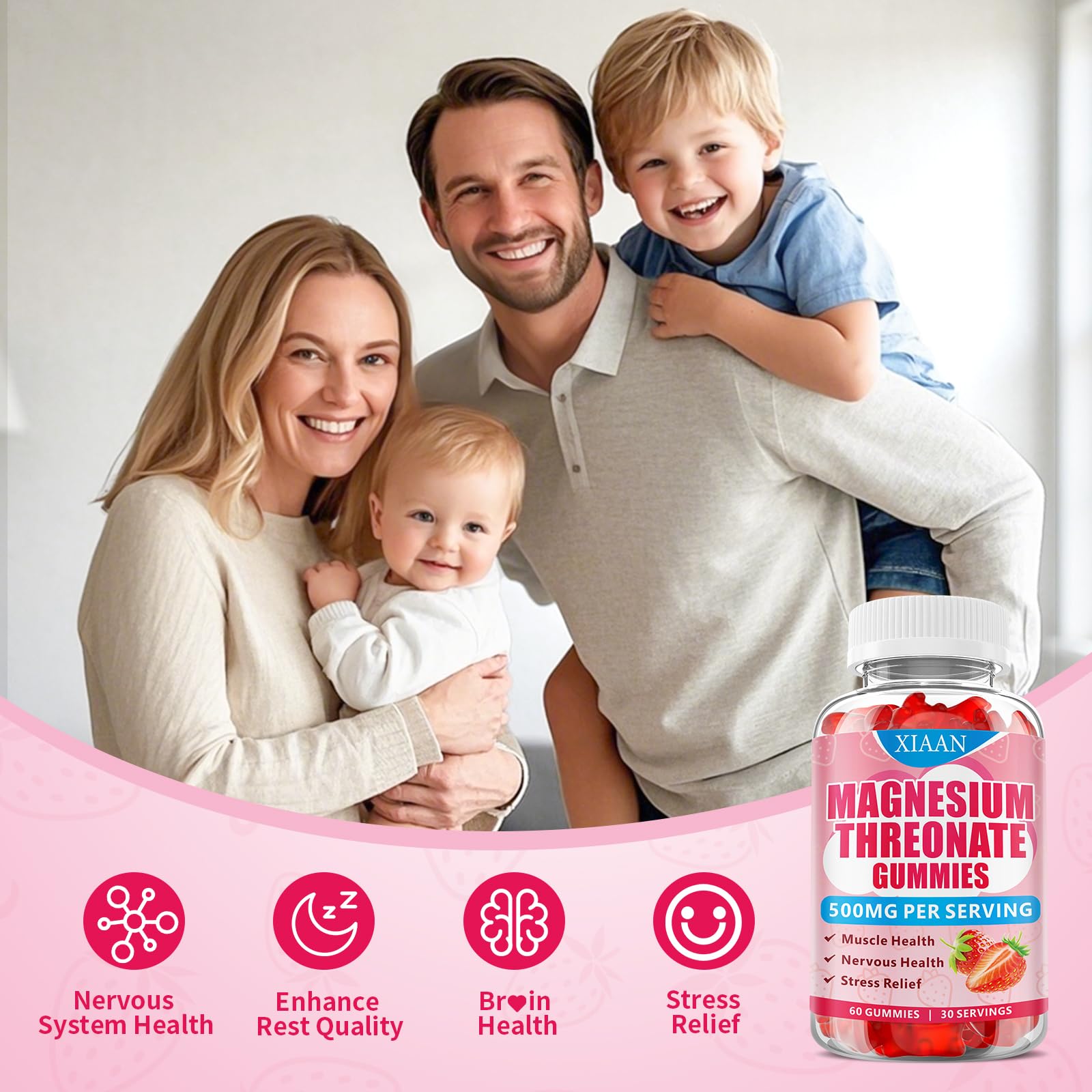 XIAAN Magnesium L-Threonate Gummies strawberry-label appeals to kids and adults.