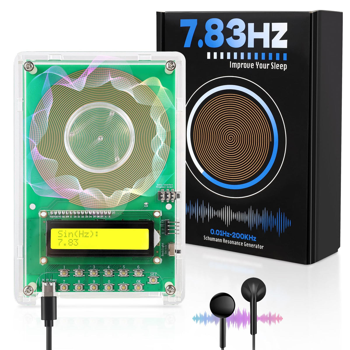 XIKDS adjustable frequency generator displaying 7.83Hz sleep mode for calmer evenings.