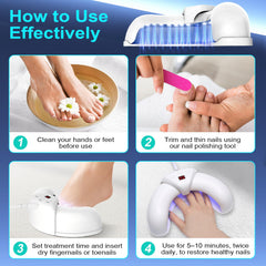 XiNanc nail fungus light device held for targeted blue and infrared therapy.
