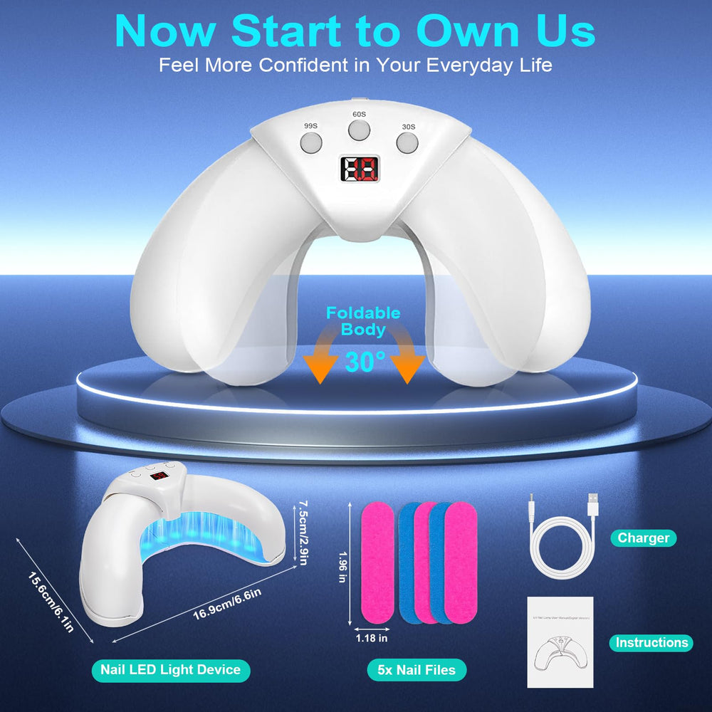 XiNanc nail fungus light device glowing during treatment shows infrared and blue light action.