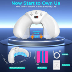 XiNanc nail fungus light device glowing during treatment shows infrared and blue light action.