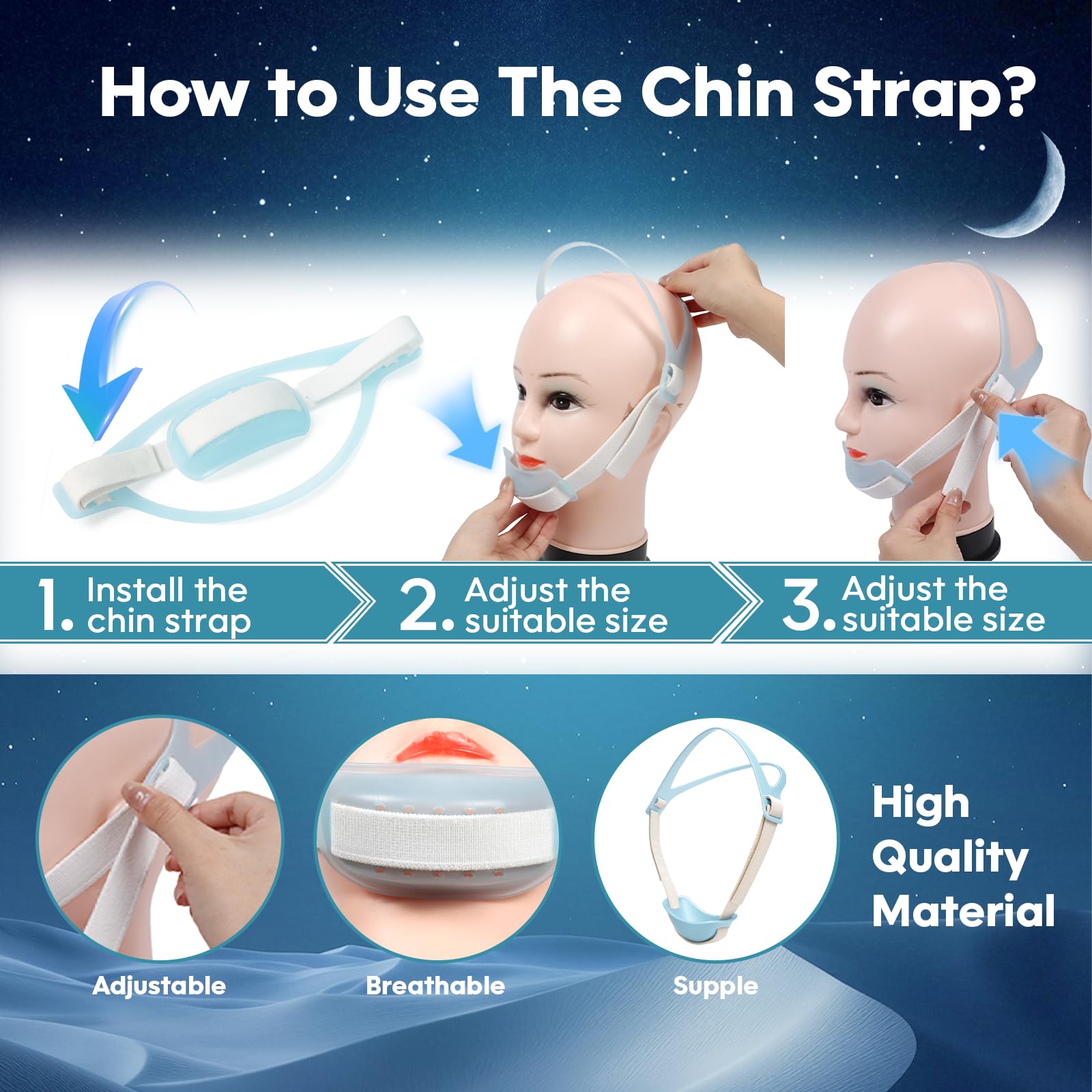 XINGZUAN chin strap CPAP-compatible, ready for nightly use.