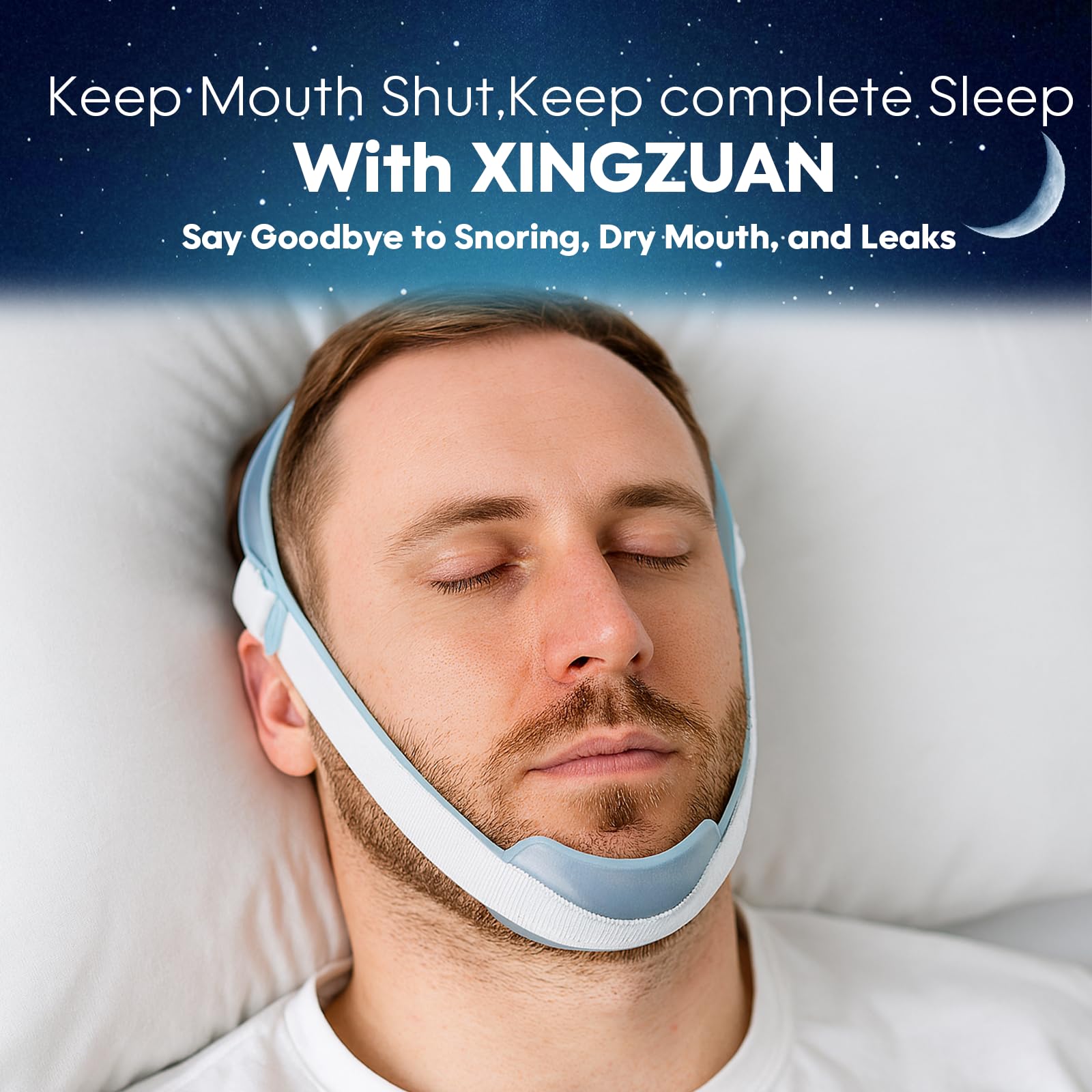 XINGZUAN night-use chin strap resting on the pillow.