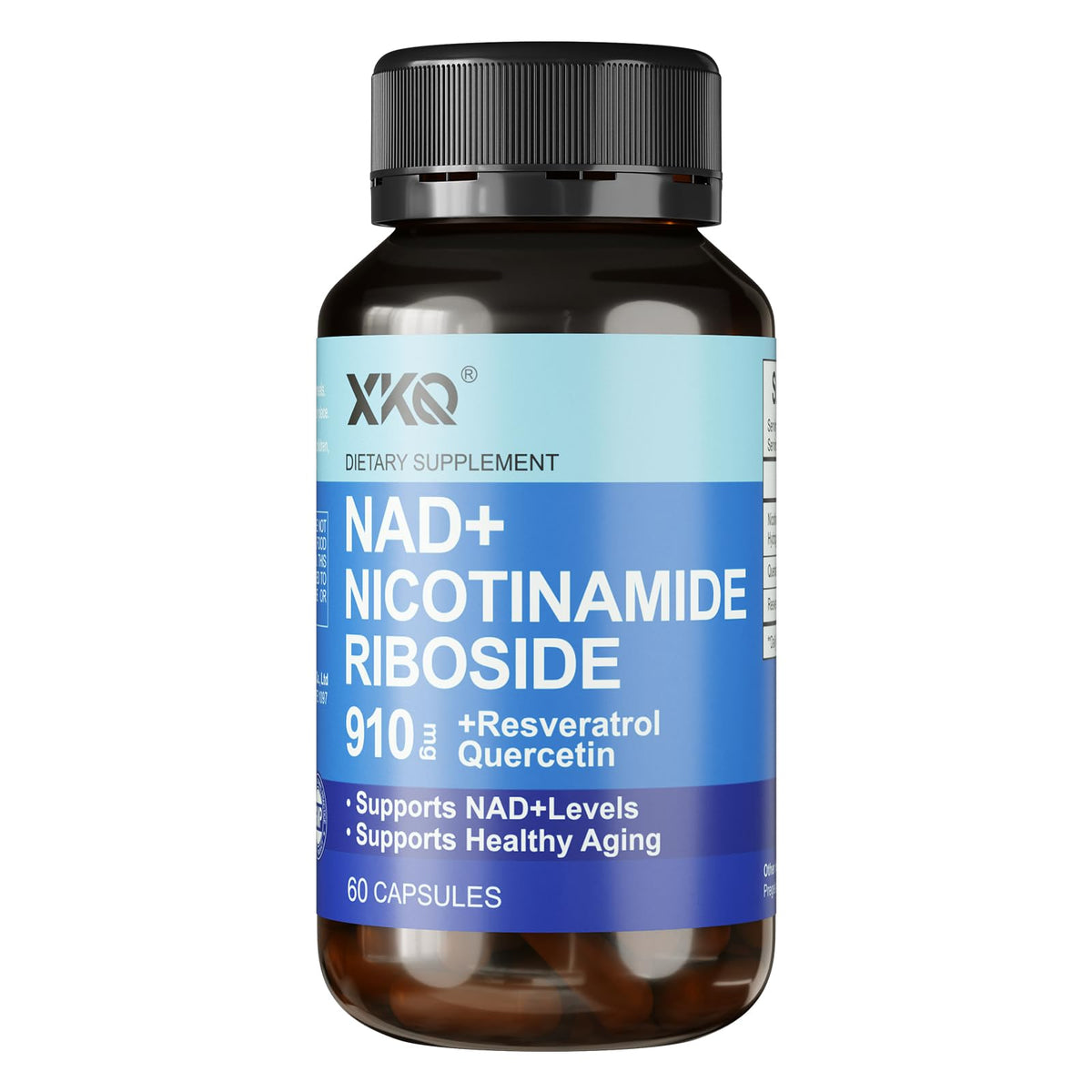 XKQ NAD+ supplement bottle front promotes daily energy support and healthy aging.