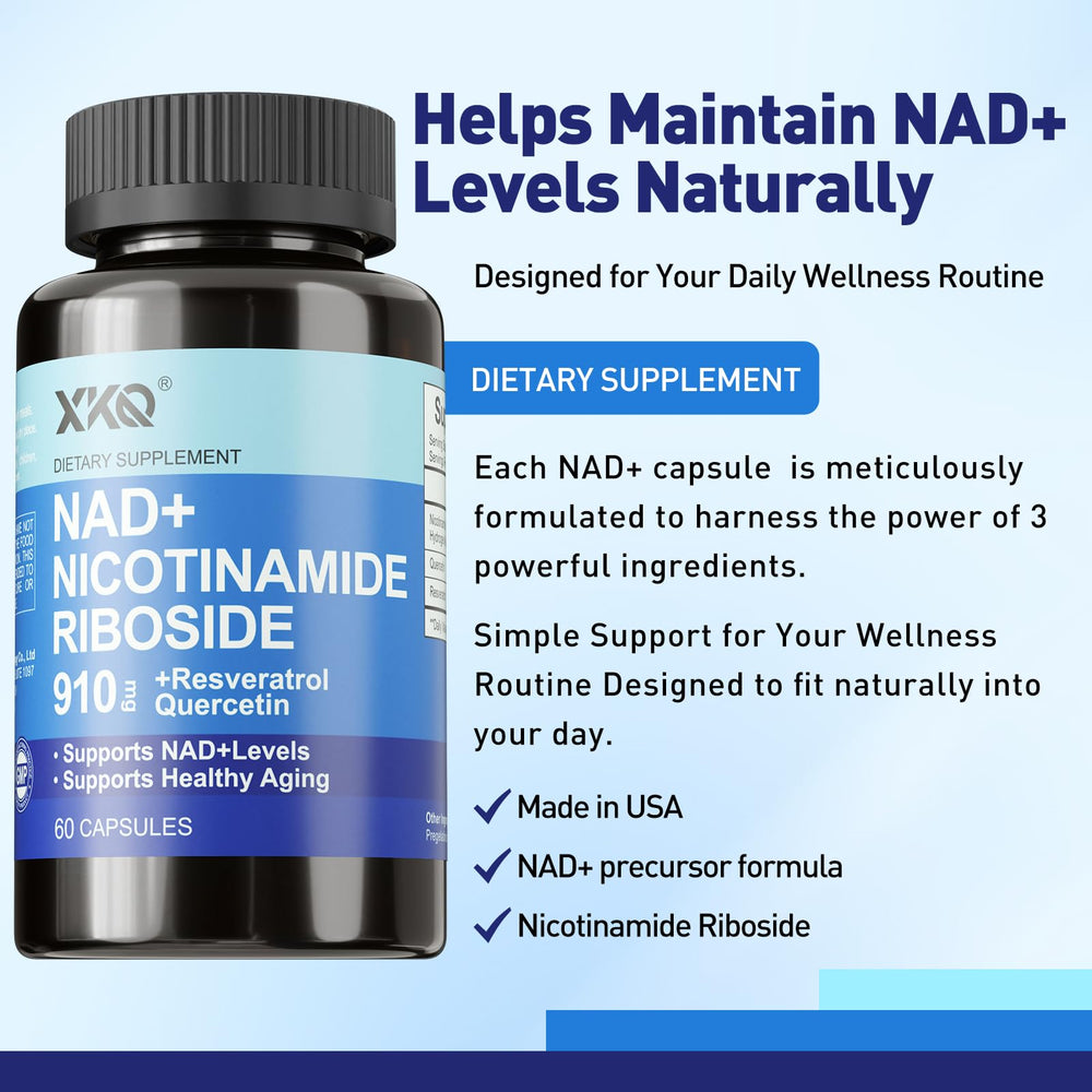 XKQ NAD+ capsules outside packaging demonstrate convenient 60-serving supply.