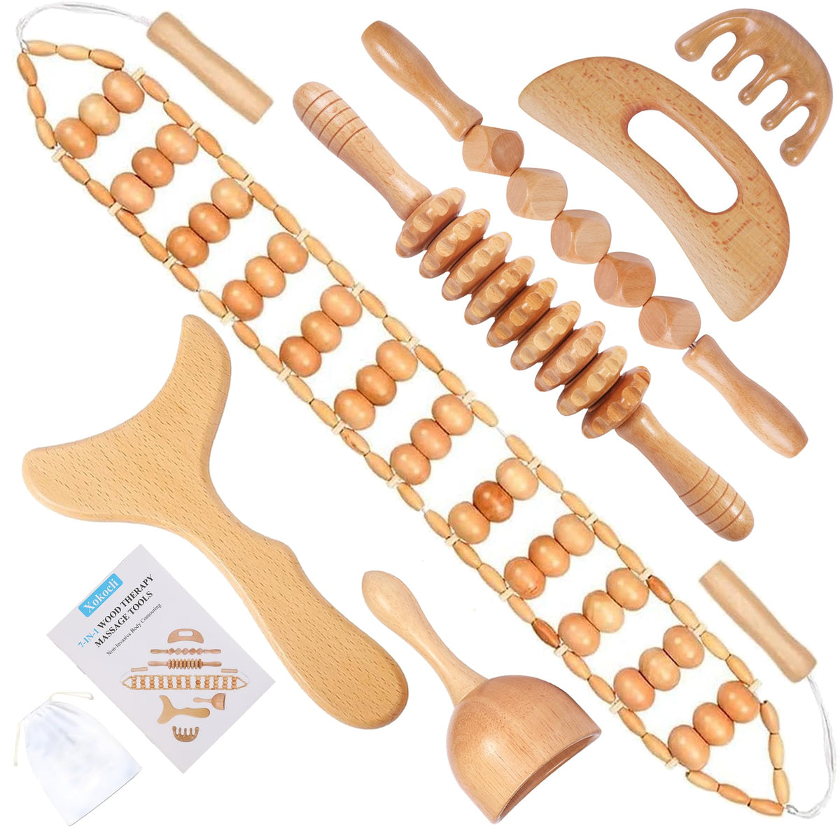 Xokocli 7-in-1 maderoterapia kit contents close-up for at-home spa sessions