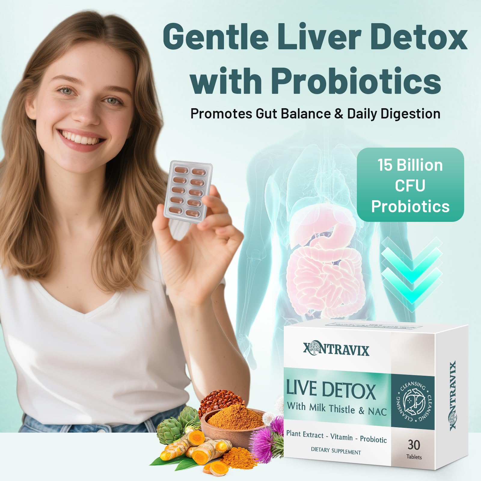 Xontravix Liver Detox lifestyle scene with water and tablets