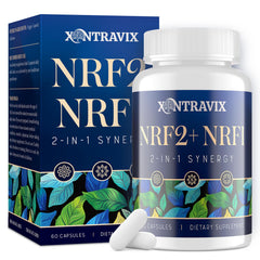 Xontravix NRF1 NRF2 dual activator bottle showing high-potency 1500mg blend for energy support.