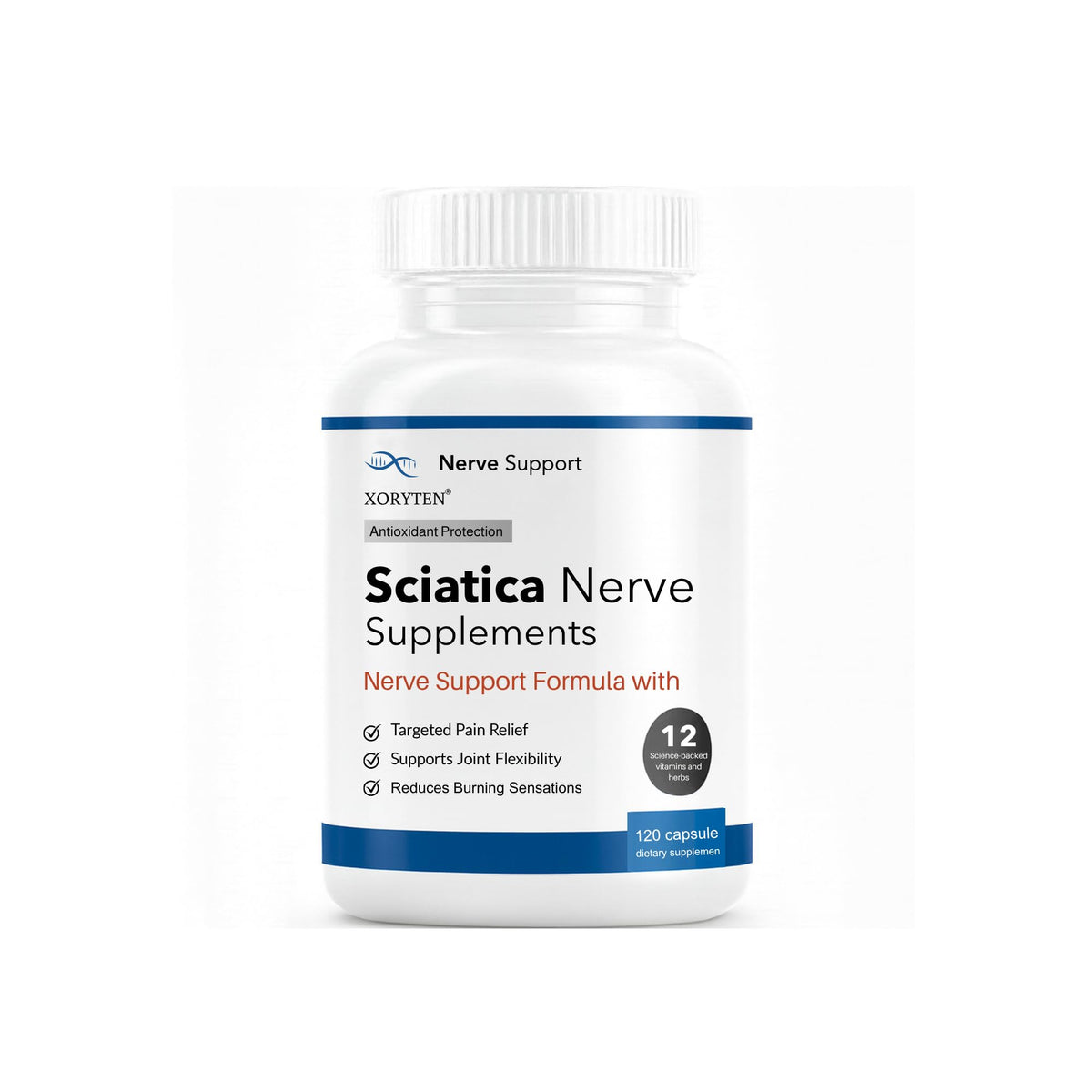 XORYTEN sciatic capsules bottle — premium packaging for daily nerve support.
