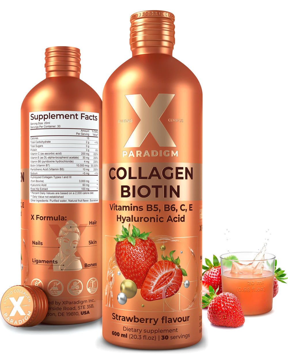 XParadigm Puritas Corpus liquid collagen bottle with strawberry flavor supports daily beauty routine