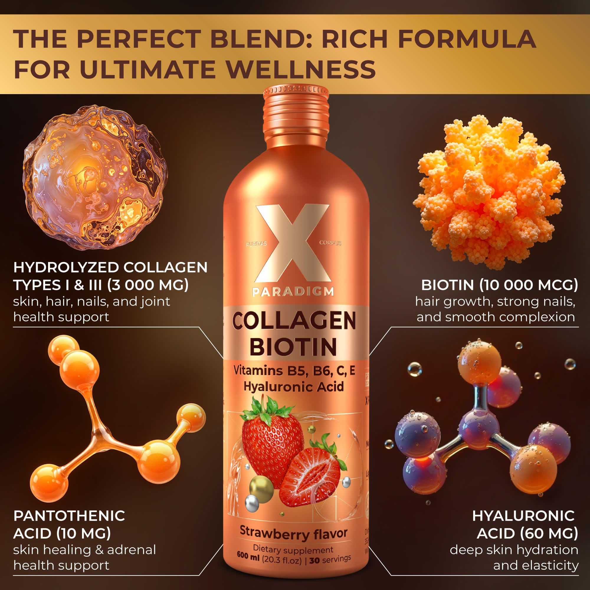 Liquid collagen shot in a glass emphasizes on the go hydration for skin and nails