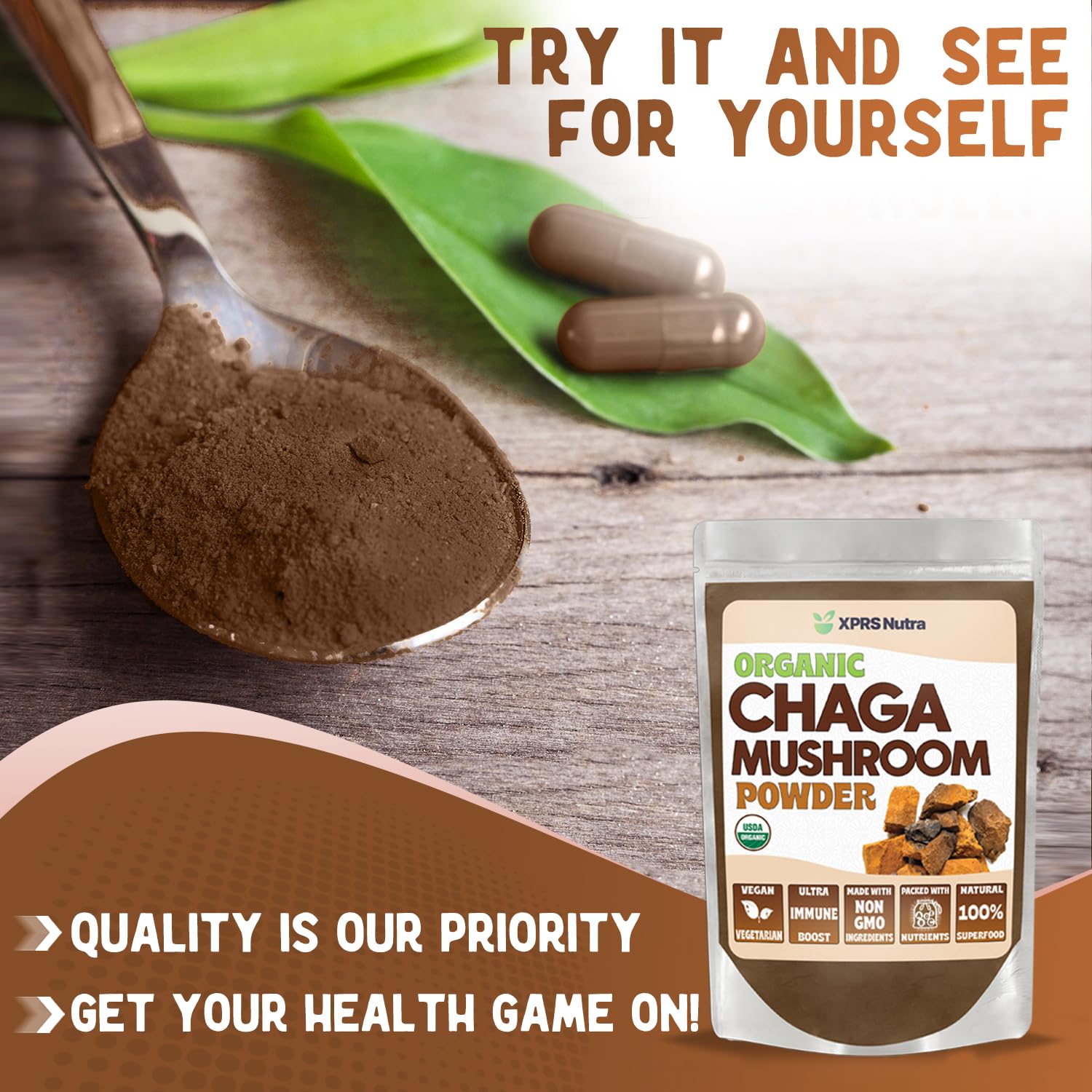 XPRS Nutra Chaga powder dissolves into coffee for a flavorful morning cup.