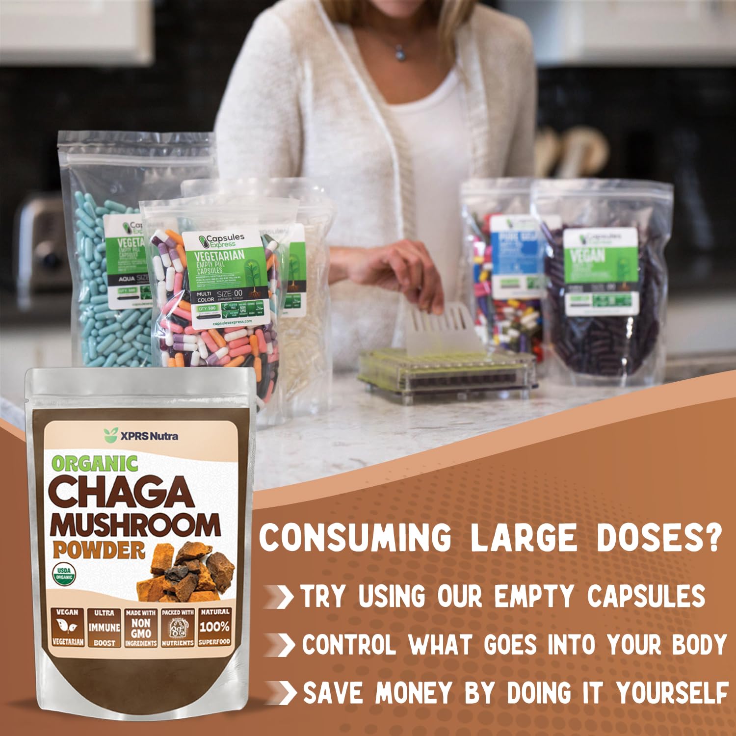 XPRS Nutra Chaga Powder canister on kitchen counter for everyday recipes.