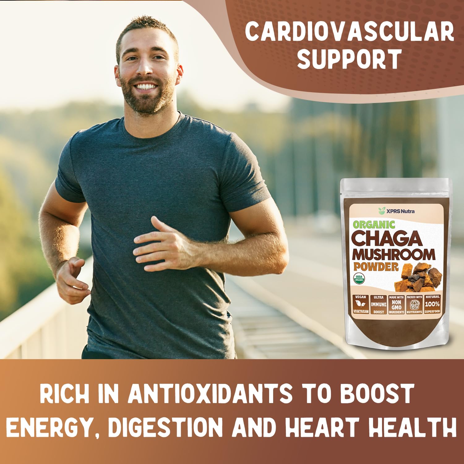 XPRS Nutra Chaga powder with scoop resting on jar for easy daily dosing.