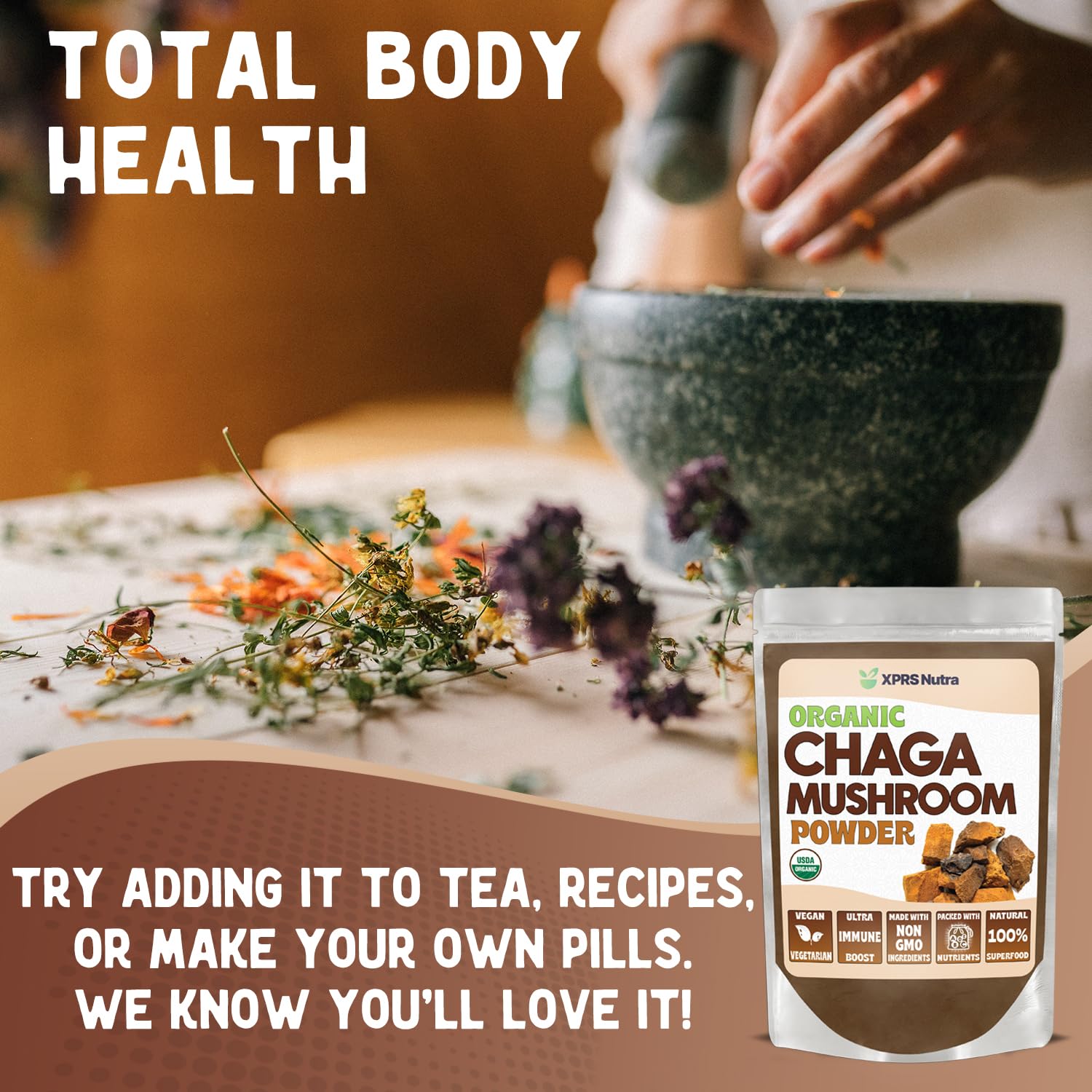XPRS Nutra Chaga powder in tea infuser cup ready for a warm beverage.