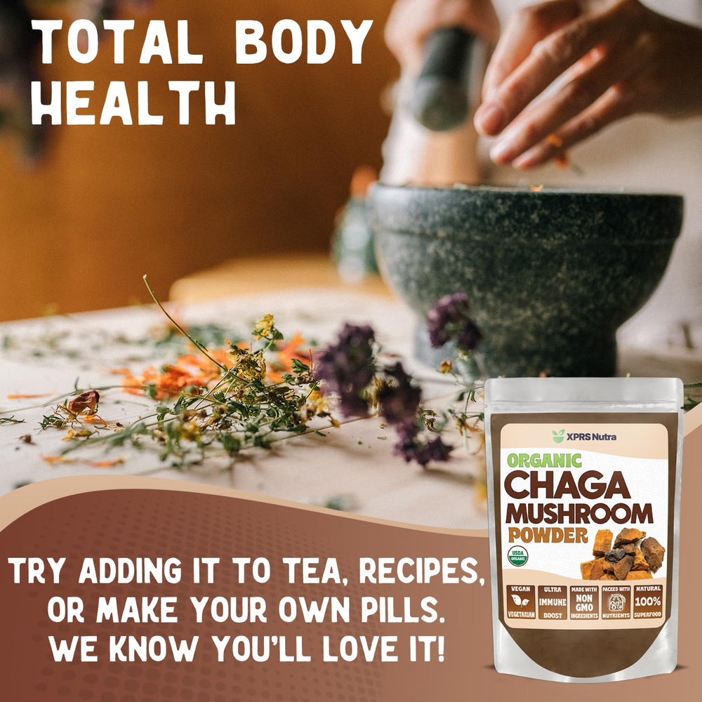 XPRS Nutra Chaga powder in tea infuser cup ready for a warm beverage.
