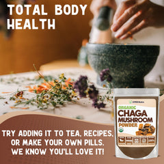 XPRS Nutra Chaga powder in tea infuser cup ready for a warm beverage.