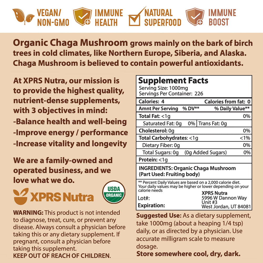 XPRS Nutra Chaga powder texture close-up, premium and versatile daily superfood.