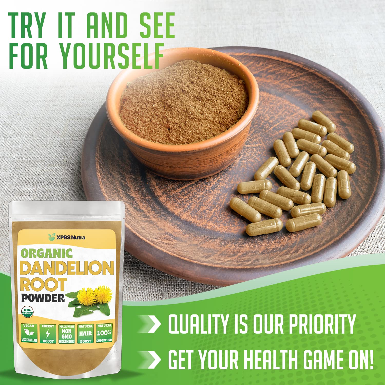 XPRS Nutra Dandelion Root Powder packaging showcasing organic quality