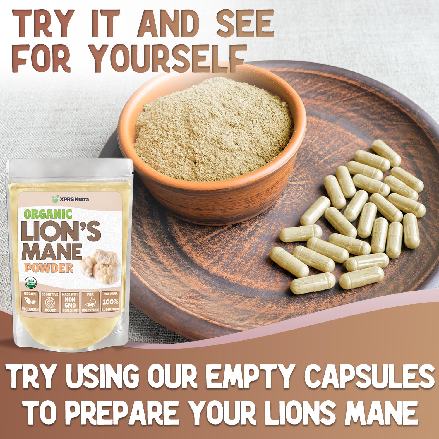 XPRS Nutra Lion's Mane powder used for capsule making at home