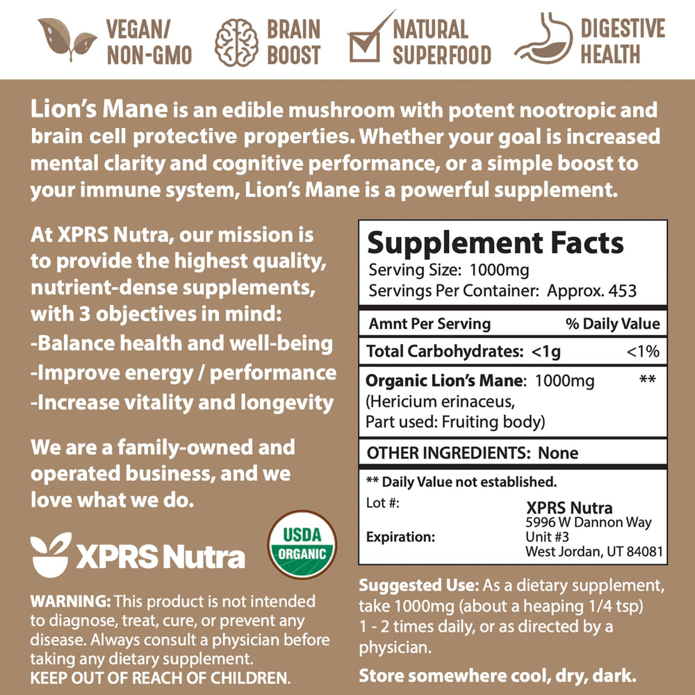 XPRS Nutra Organic Lion's Mane powder closeup shows earthy texture